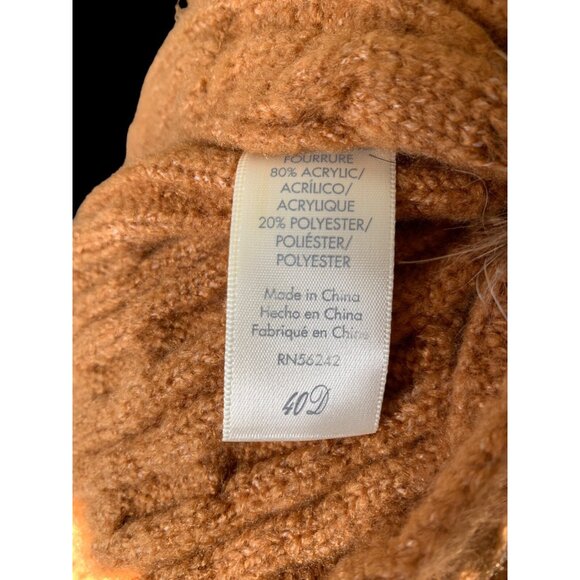 FRYE Boot Co Scarf 70" Long Soft Blend Cream Cable Knit Brown Faux Fur Pom Pom - Picture 7 of 10